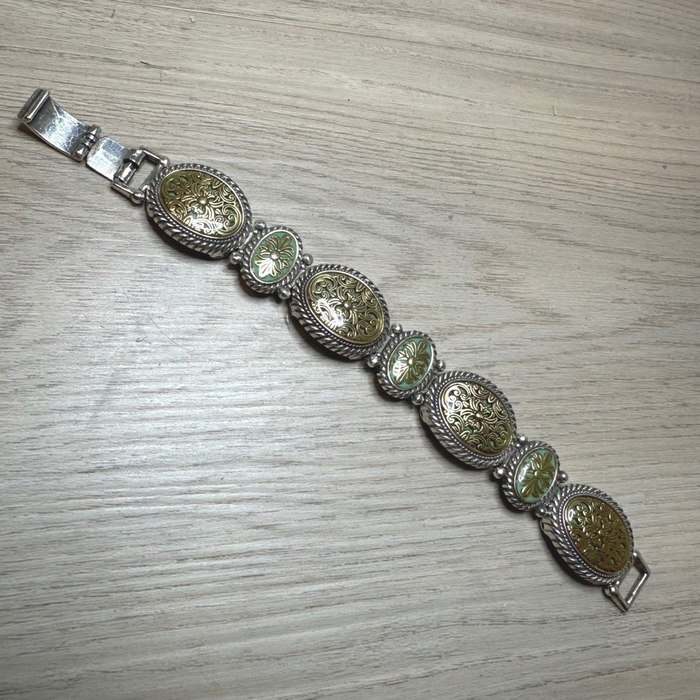 Brighton Corfu Scroll Gold Green Oval Intricate Silver Plate Bracelet‎ Retired